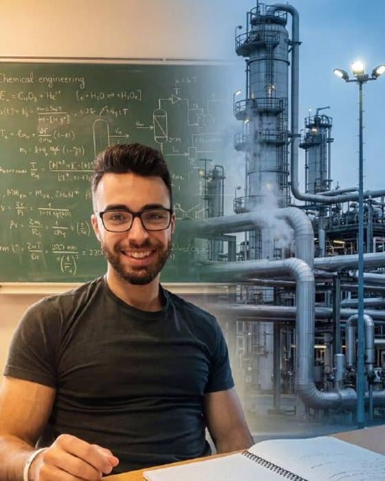 Moi pendant mes études de génie chimique, devant un tableau d’équations
