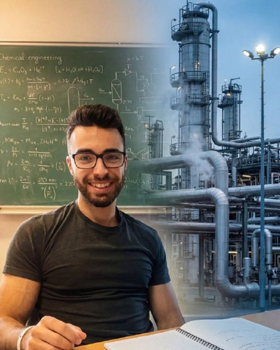Me during my chemical engineering studies, in front of a board of equations